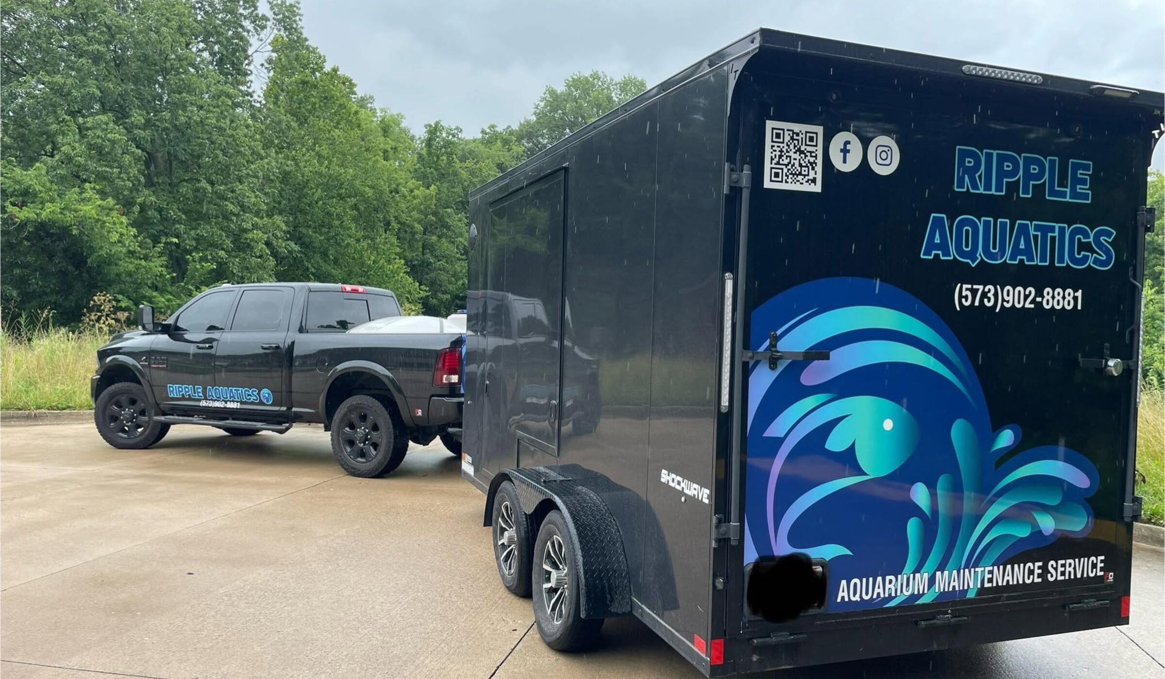 The Ripple Aquatics truck and enclosed service trailer, wrapped with the company logo and aquarium maintenance service branding